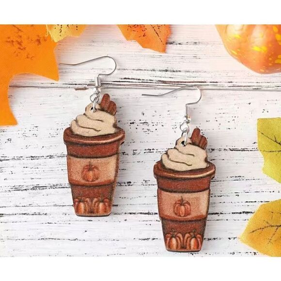 NWT Wooden Pumpkin Coffee Cup Design Autumn Fall Dangle Earrings - Picture 2 of 6